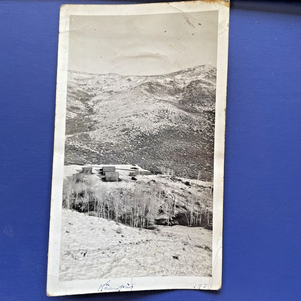 Vintage 1937 Work Camp In the Mountains Cars and Buildings Railroad Track